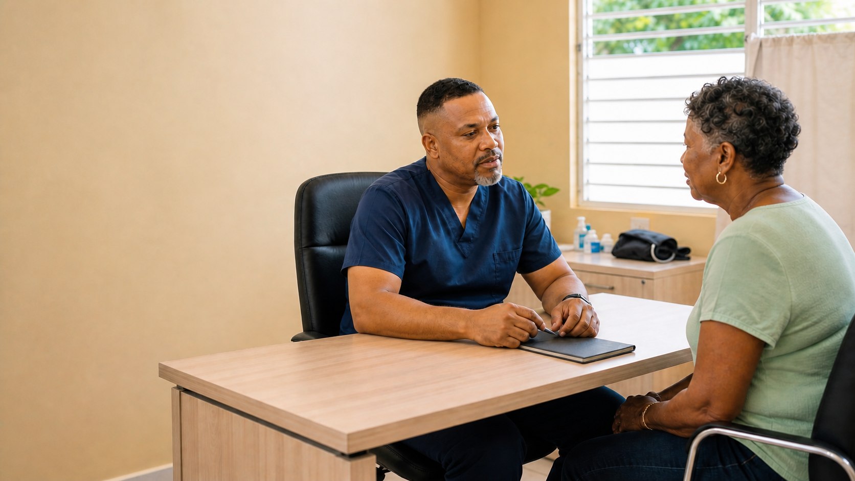 Physician speaking with a patient during a private clinic consultation.