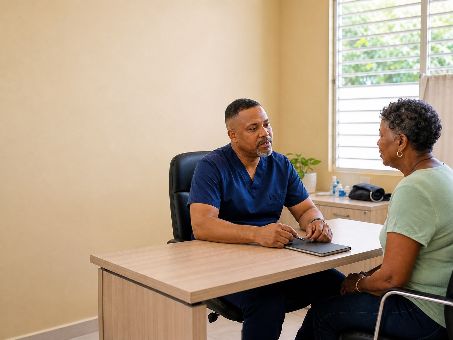 Physician speaking with a patient during a private clinic consultation.