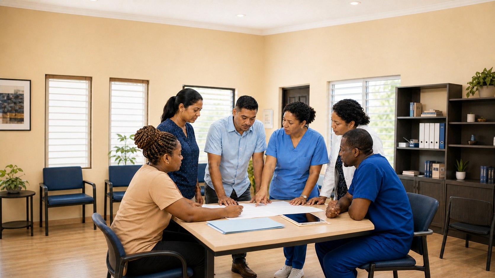 Clinical and administrative healthcare staff collaborating during a team huddle.