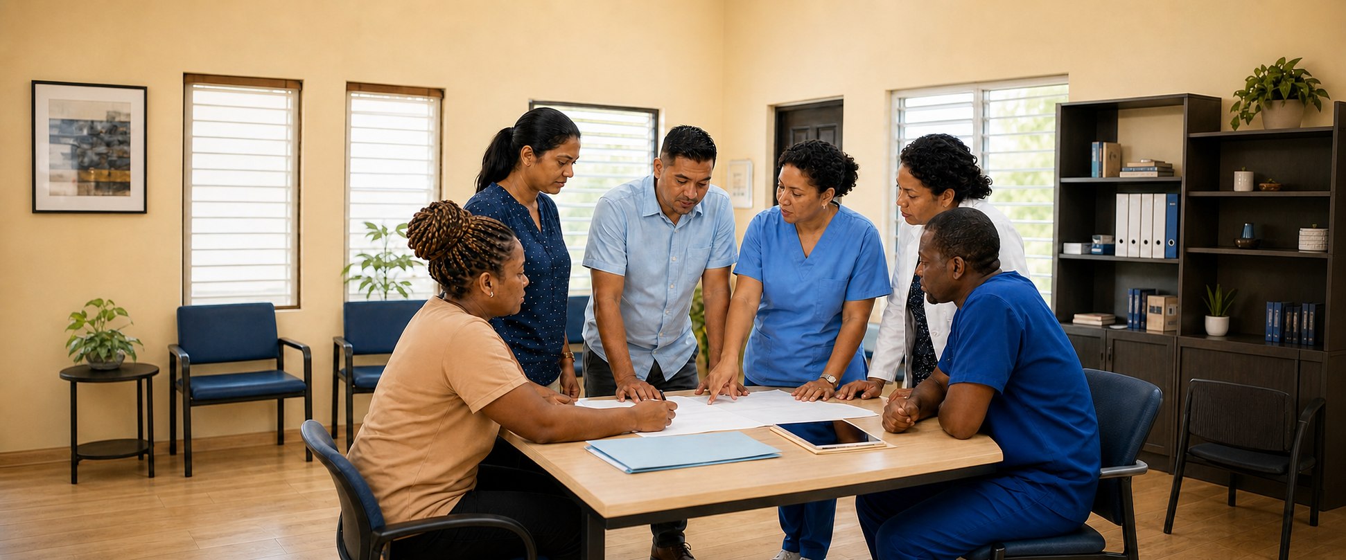 Clinical and administrative healthcare staff collaborating during a team huddle.