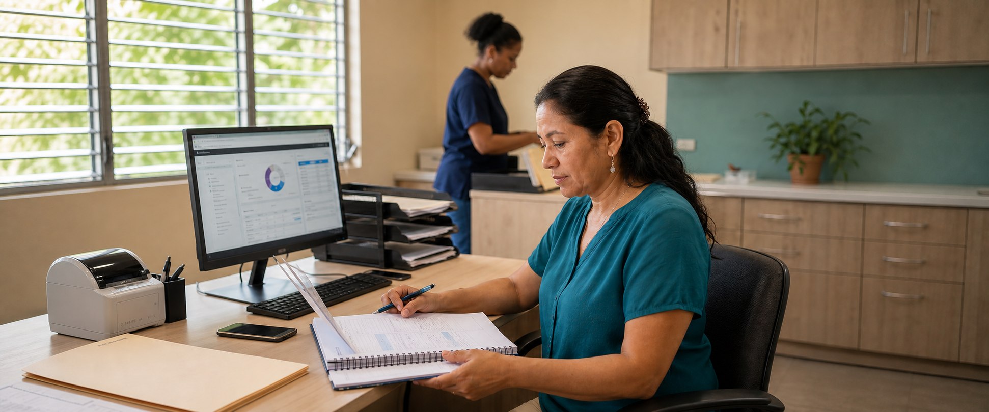 Private physician reviewing follow-up work in a clinic office.